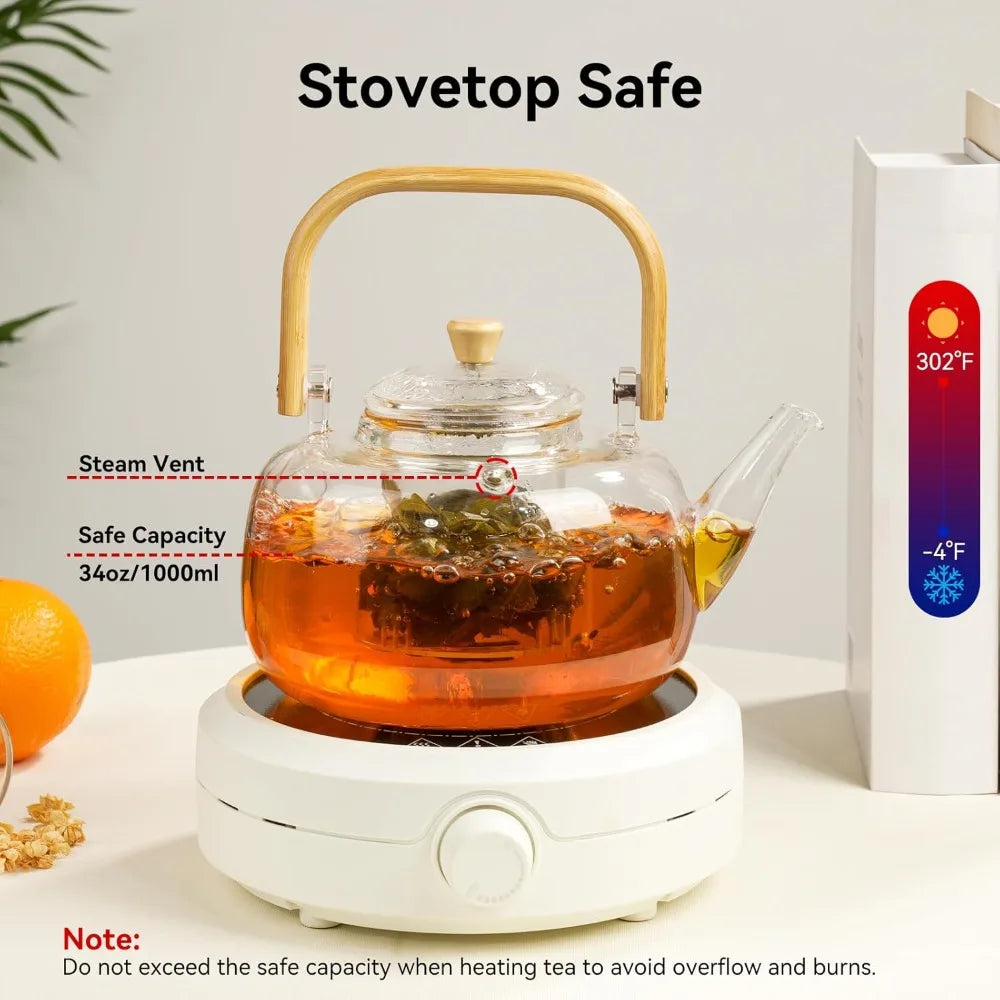 1000ML Glass Teapot with Removable Filter Stovetop Safe Heat Resistant Clear Tea Maker Water Kettle for Loose Leaf Blooming Tea