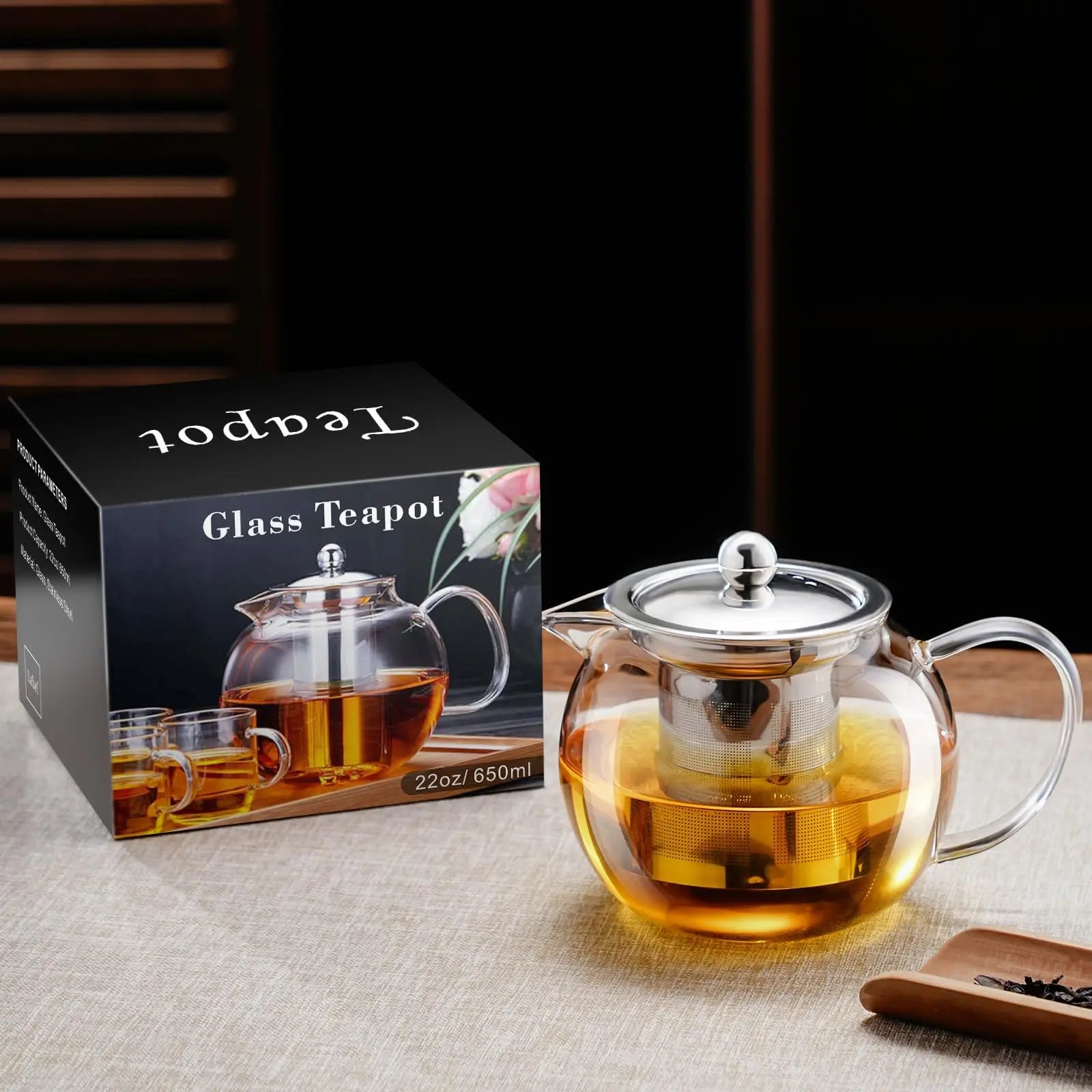 Glass Teapot Stovetop 22 OZ/650ml, Tea pot with Removable 18/8 Stainless Steel Infuser, Borosilicate Clear Tea Kettle