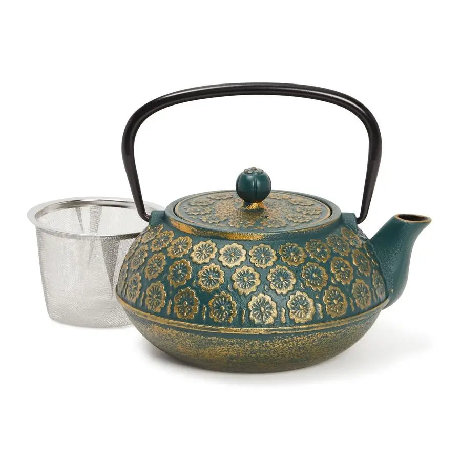 Cast Iron Tea Kettle with Infuser 34 oz, Sage Green Floral Loose Leaf Tea Infuser Pot amp Japanese Cast Iron Teapot